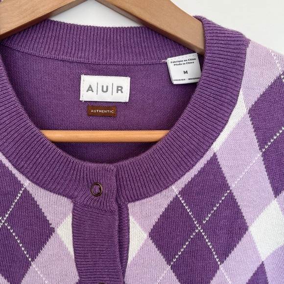 Purple Argyle Preppy Cardigan Sweater Size Medium - Picture 3 of 5